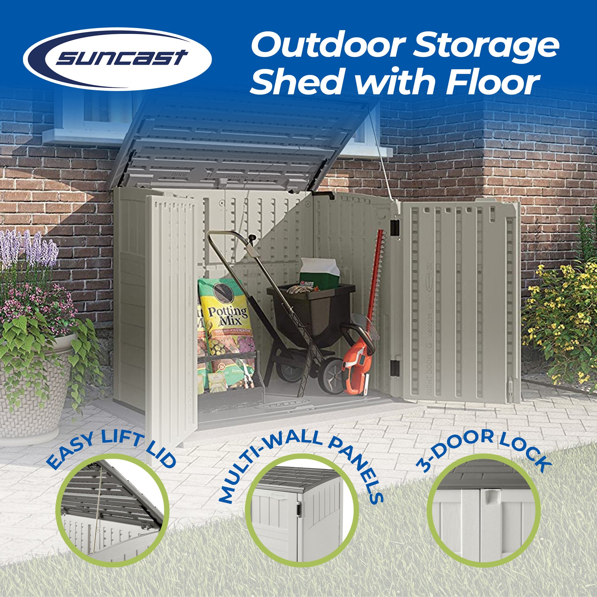 Suncast BMS2500 53 x 31.5 x 45.5" Horizontal Resin Outdoor Storage Shed w/ Floor - Smart-nests
