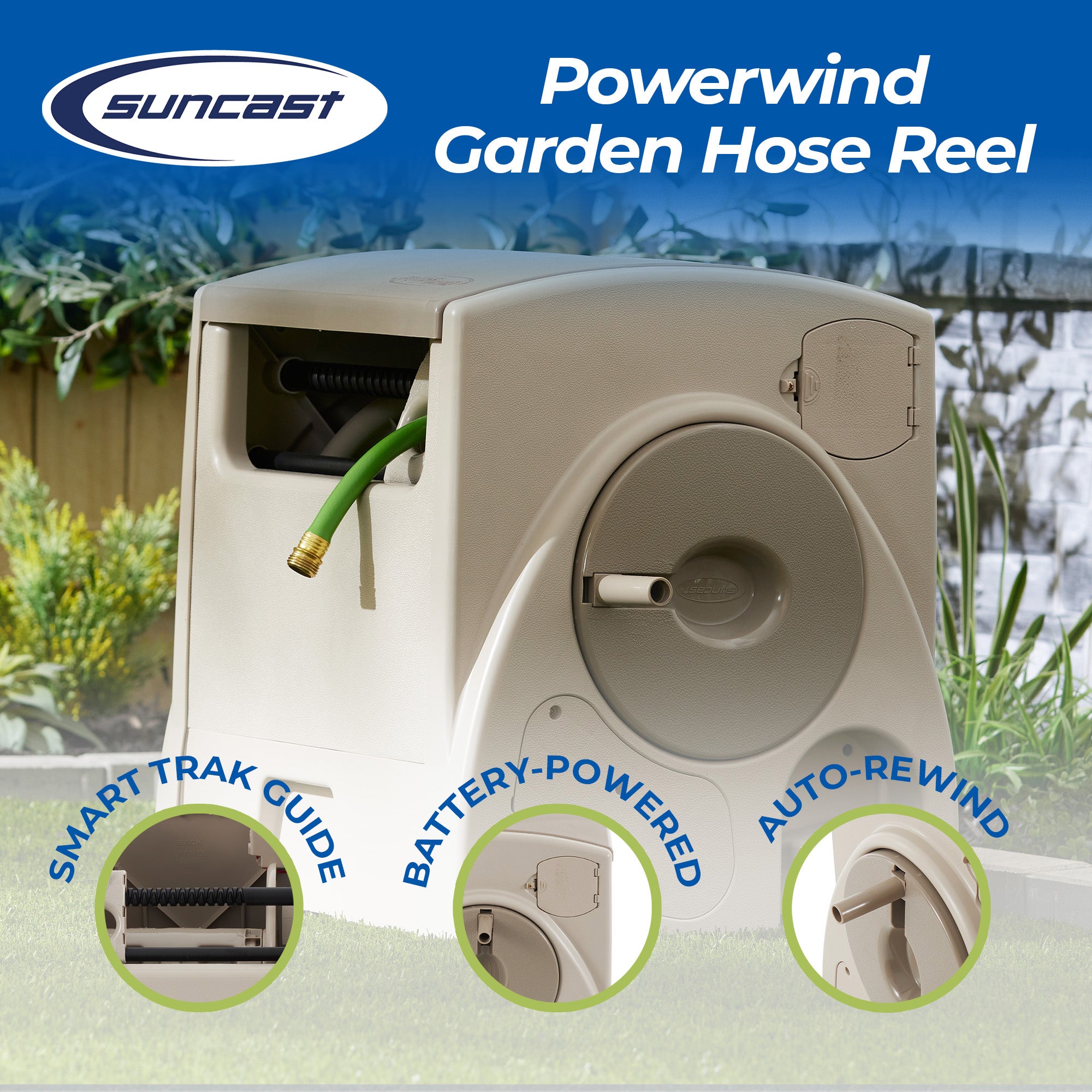 Suncast CPLPW100 Powerwind 100' Automatic Garden Reel for 5/8" Hose, Taupe - Smart-nests