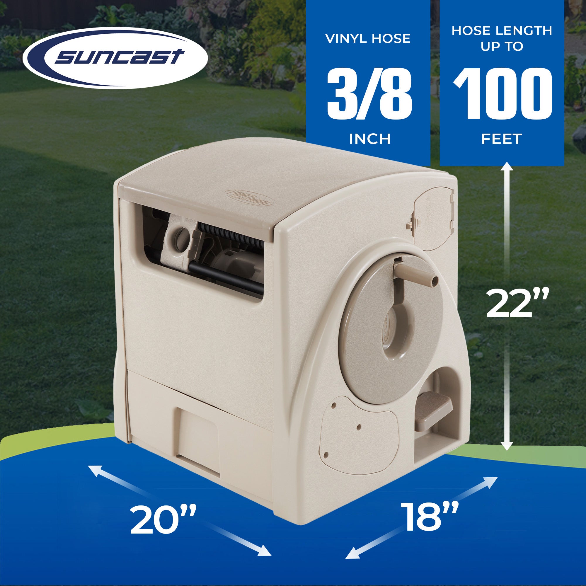 Suncast CPLPW100 Powerwind 100' Automatic Garden Reel for 5/8" Hose, Taupe - Smart-nests