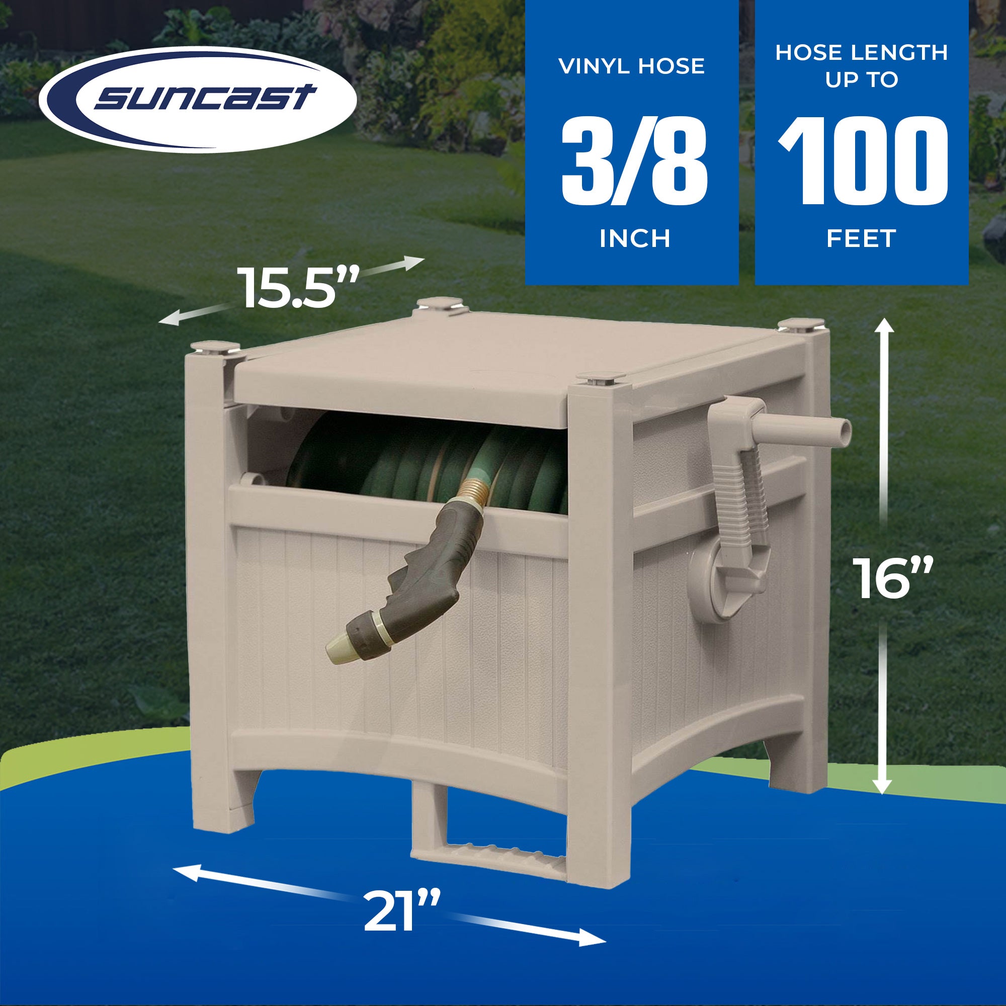 Suncast CPLPHH100D Hideaway 100' Resin Garden Hose Reel for 5/8" Hoses, Taupe - Smart-nests