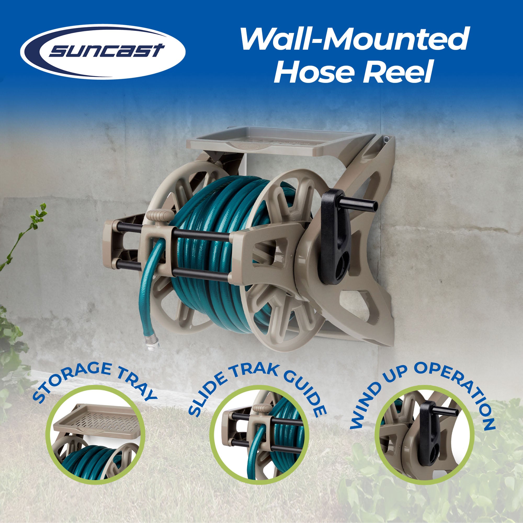 Suncast Slide Trak Hose Handler Wall Mounted 175' Garden Hose Reel, Reel Only - Smart-nests
