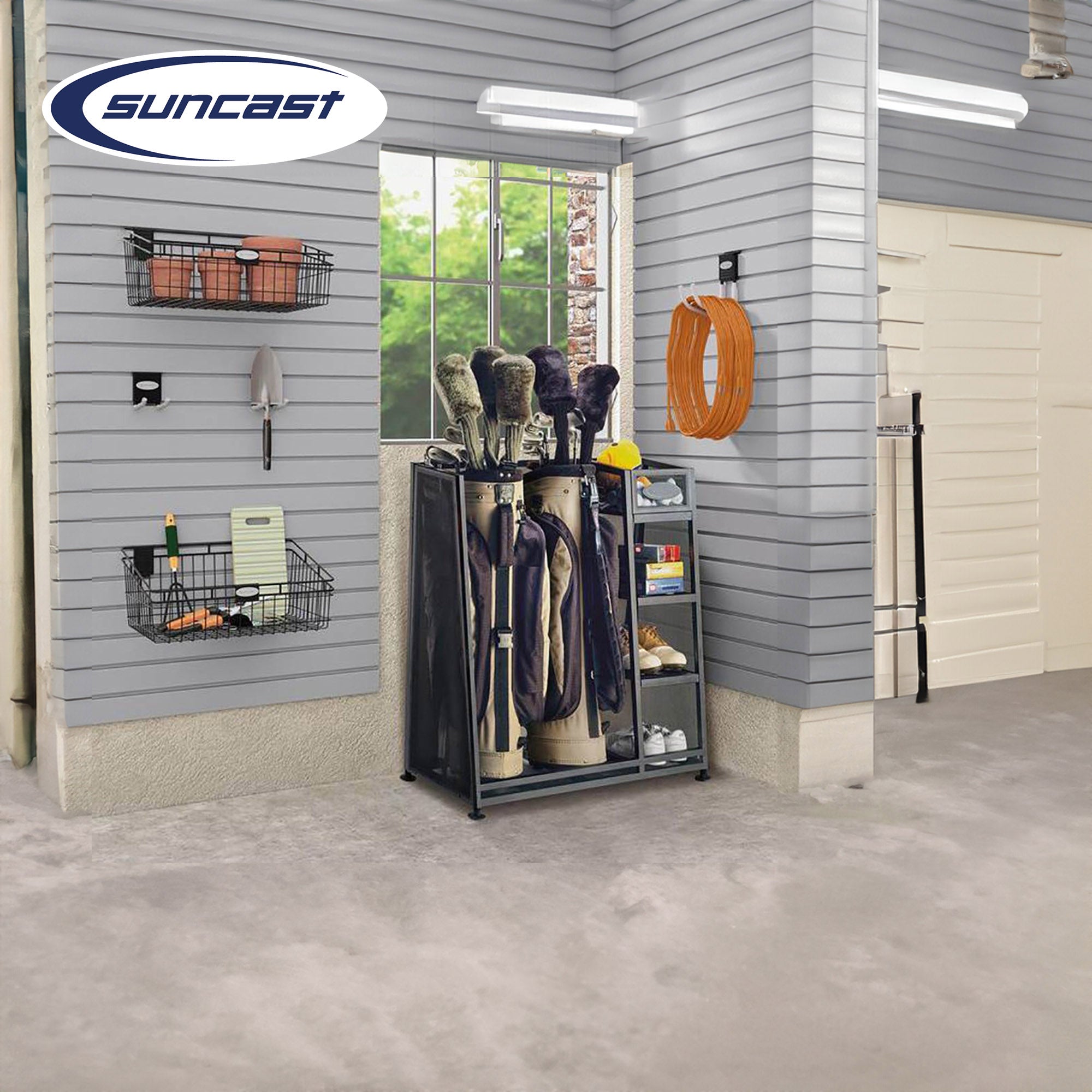 Suncast Metal Complete Golf Bag Organizer for Garage w/ Shelves & Bin (2 Pack) - Smart-nests