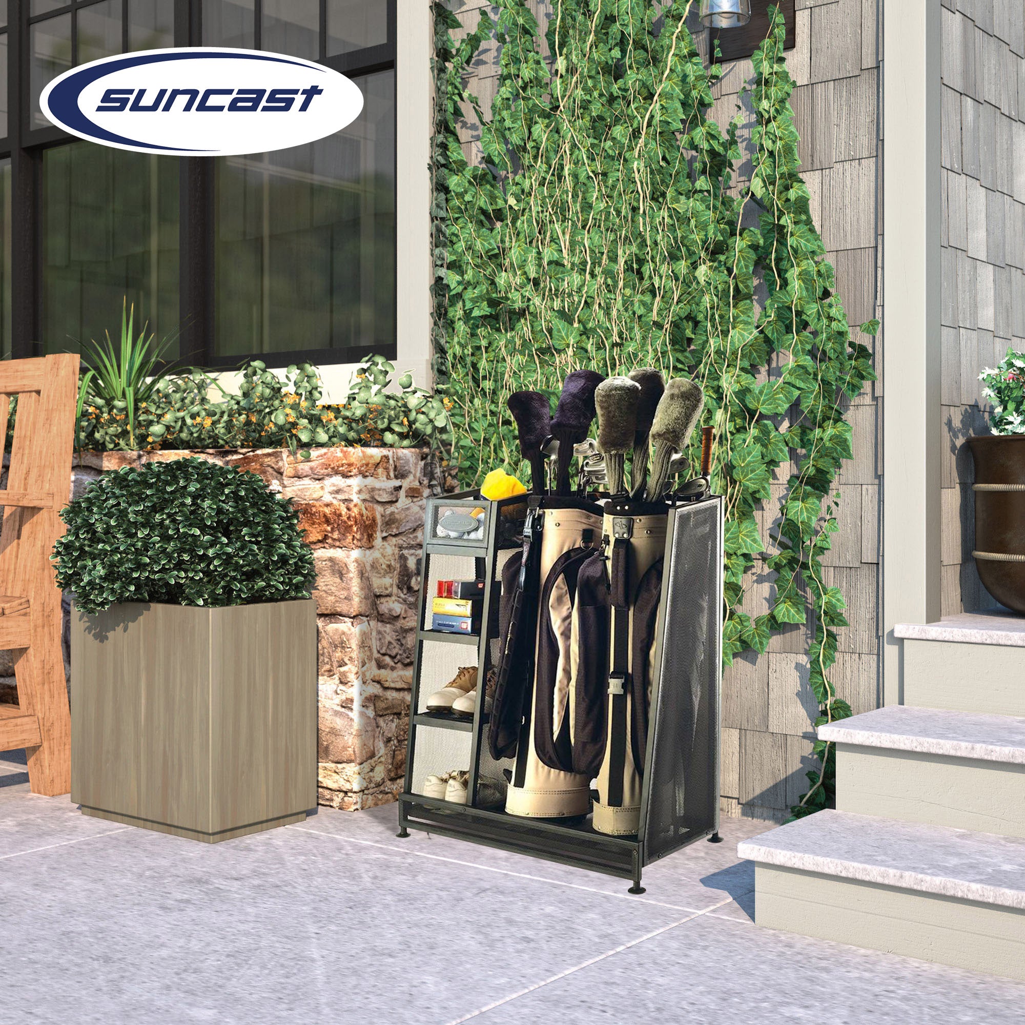 Suncast Metal Complete Golf Bag Organizer for Garage w/ Shelves & Bin (2 Pack) - Smart-nests