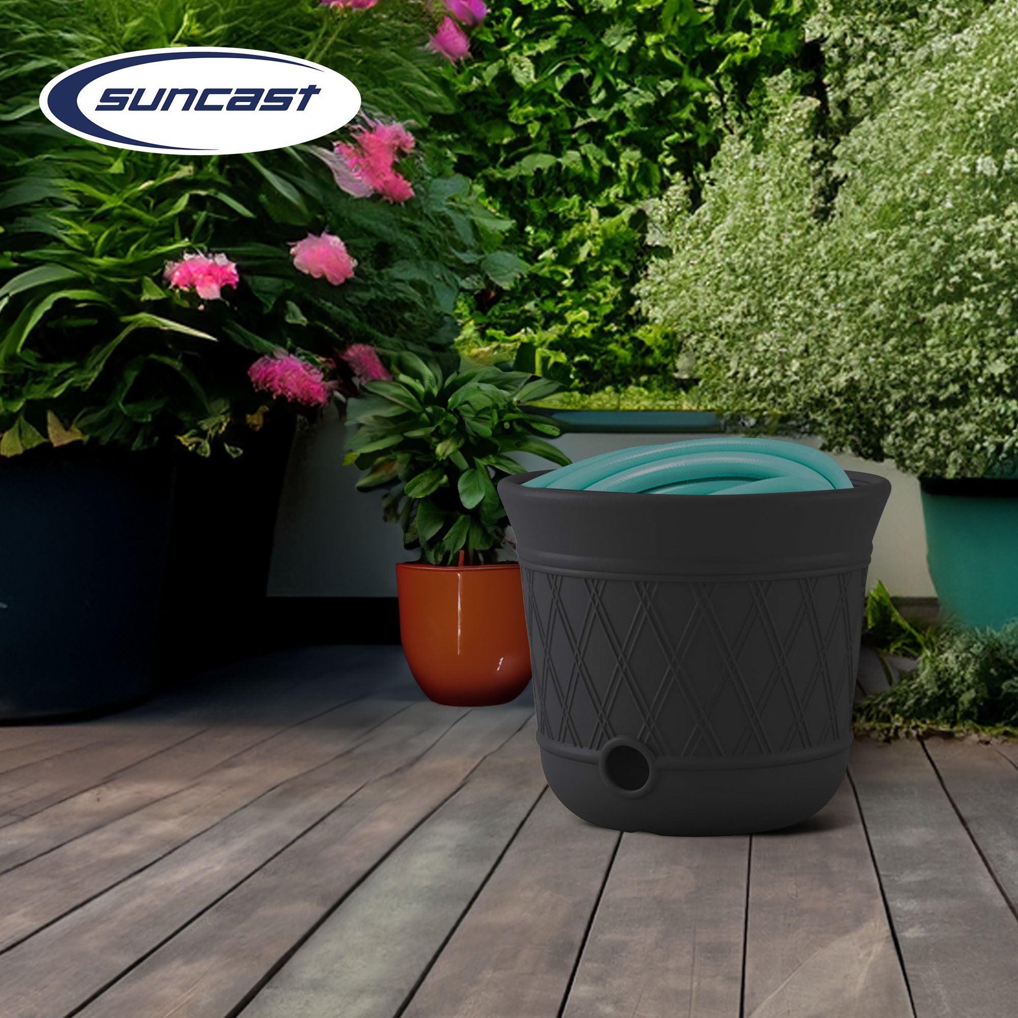 Suncast 14 x 12" Resin Decorative Hideaway Outdoor Garden Hose Storage Pot, Gray - Smart-nests