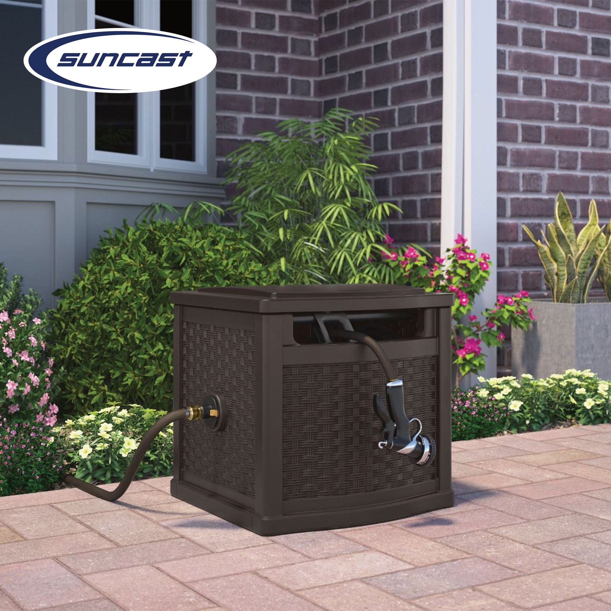 Suncast 150 Foot Slide Trak Outdoor Garden Water Hose Hideaway for Patio, Java - Smart-nests