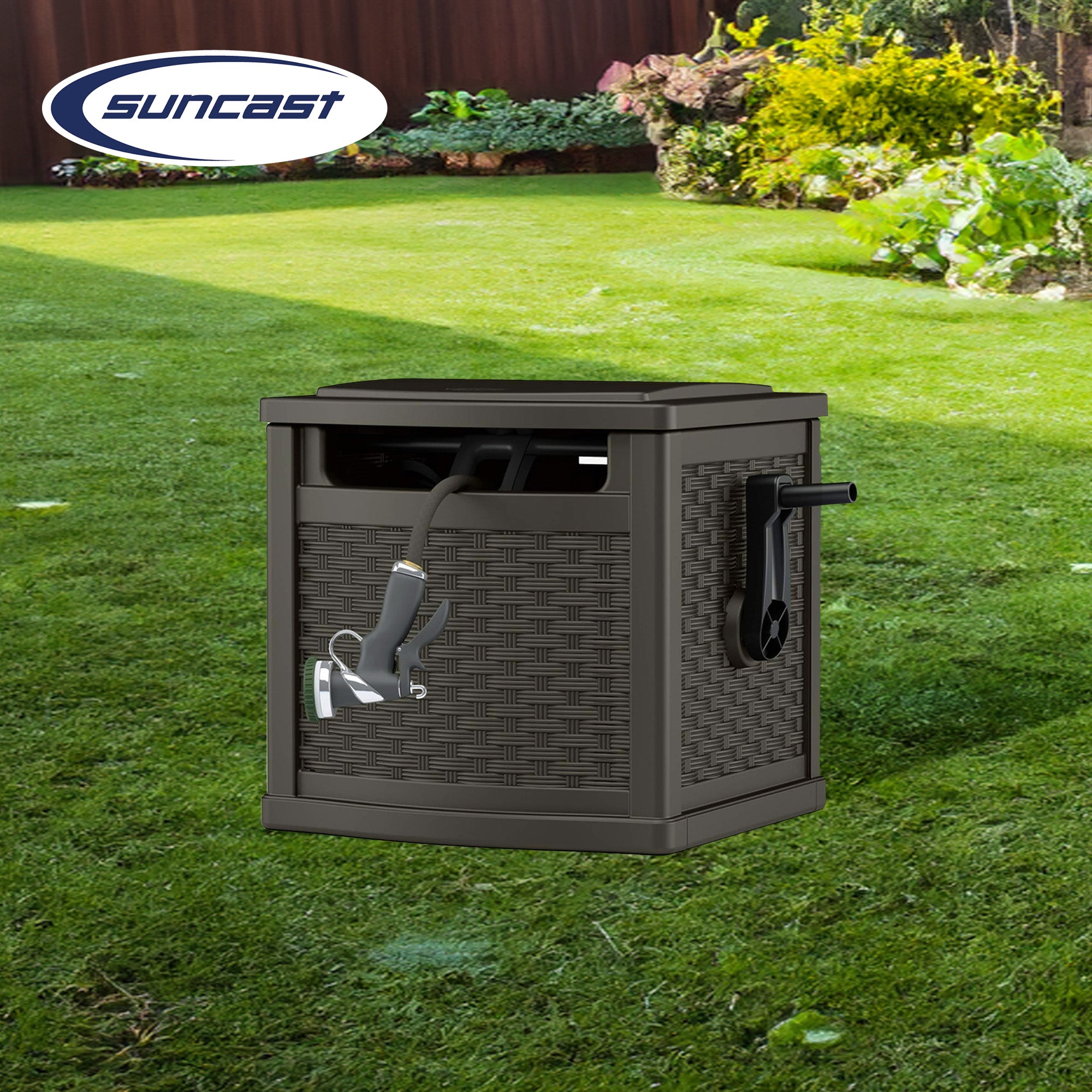Suncast 150 Foot Slide Trak Outdoor Garden Water Hose Hideaway for Patio, Java - Smart-nests