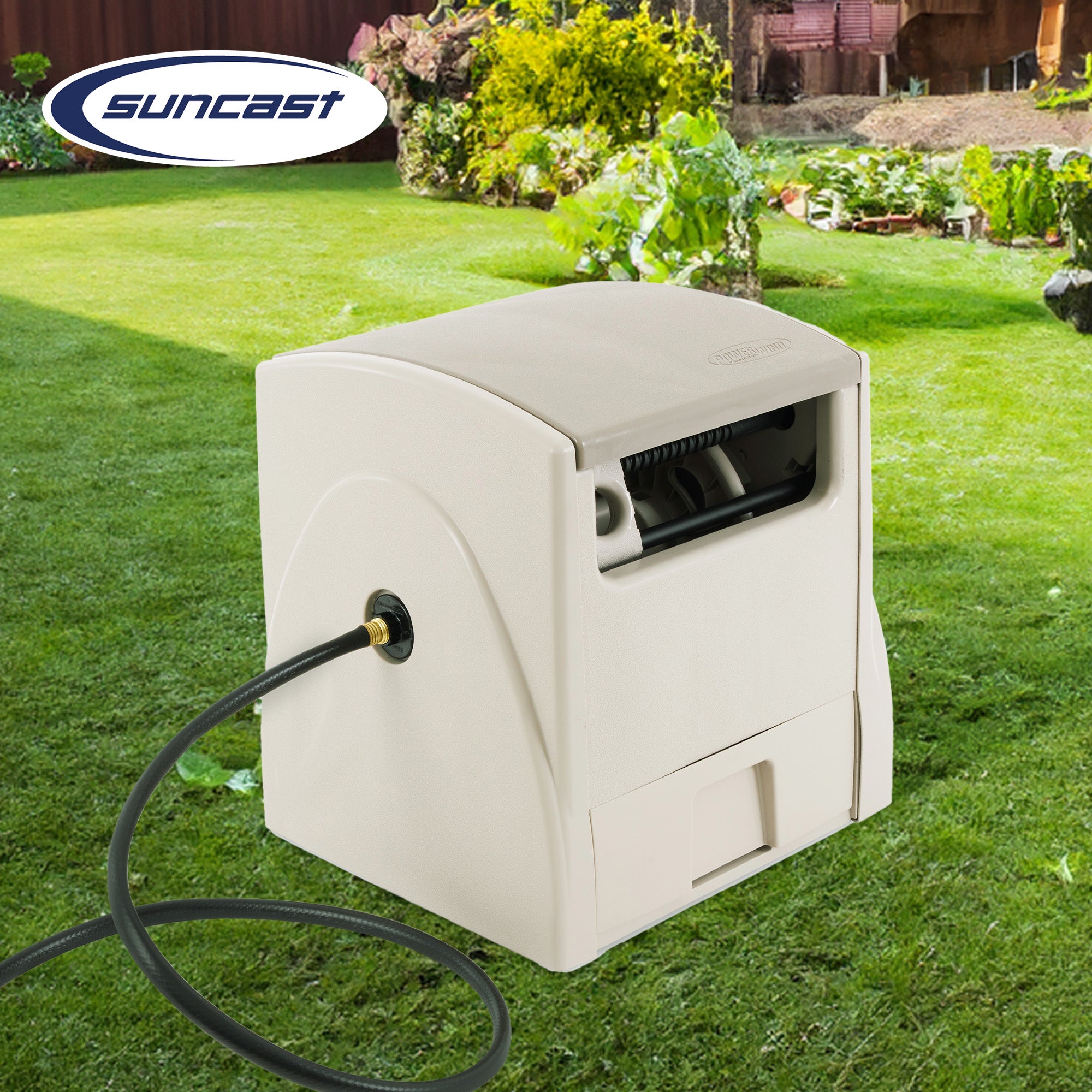 Suncast CPLPW100 Powerwind 100' Automatic Garden Reel for 5/8" Hose, Taupe - Smart-nests