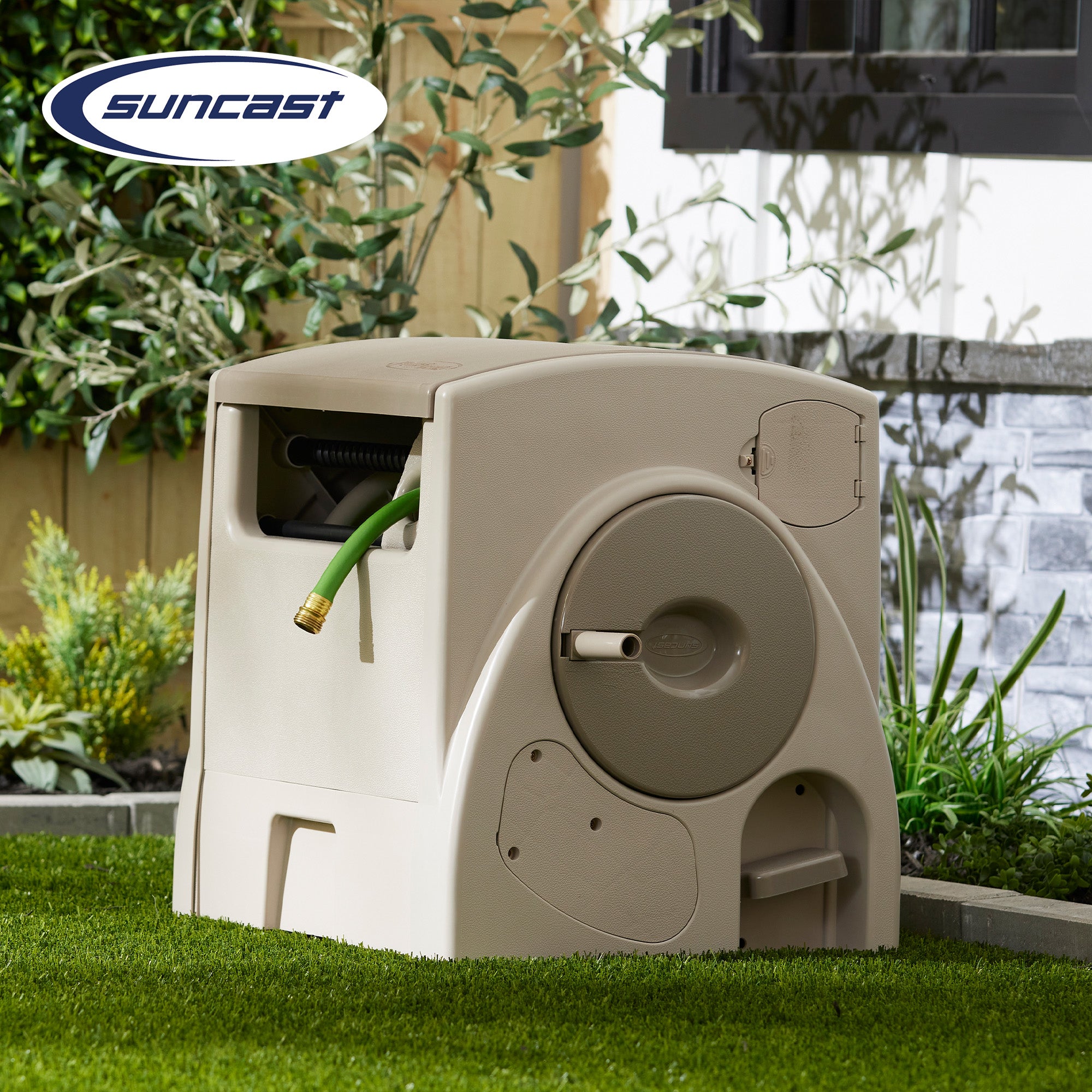Suncast CPLPW100 Powerwind 100' Automatic Garden Reel for 5/8" Hose, Taupe - Smart-nests