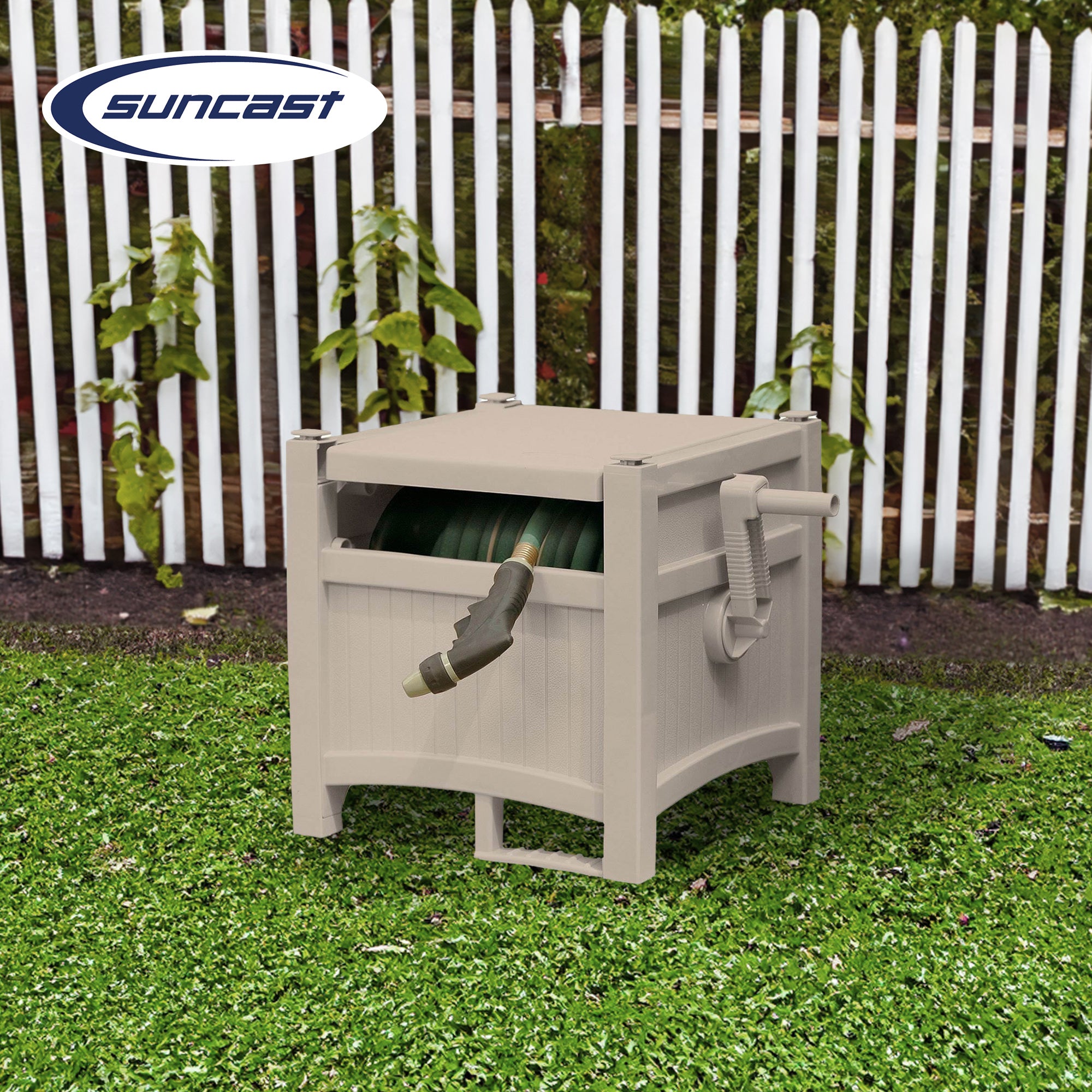 Suncast CPLPHH100D Hideaway 100' Resin Garden Hose Reel for 5/8" Hoses, Taupe - Smart-nests