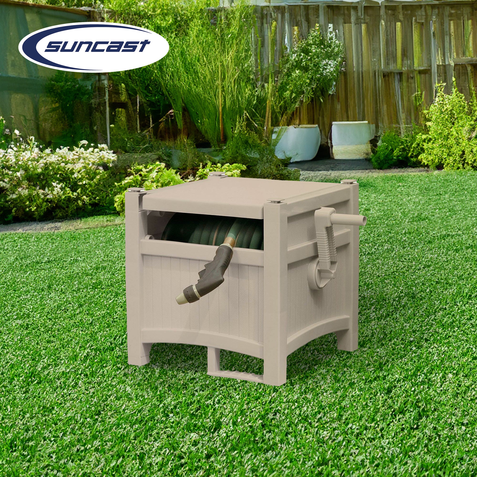 Suncast CPLPHH100D Hideaway 100' Resin Garden Hose Reel for 5/8" Hoses, Taupe - Smart-nests