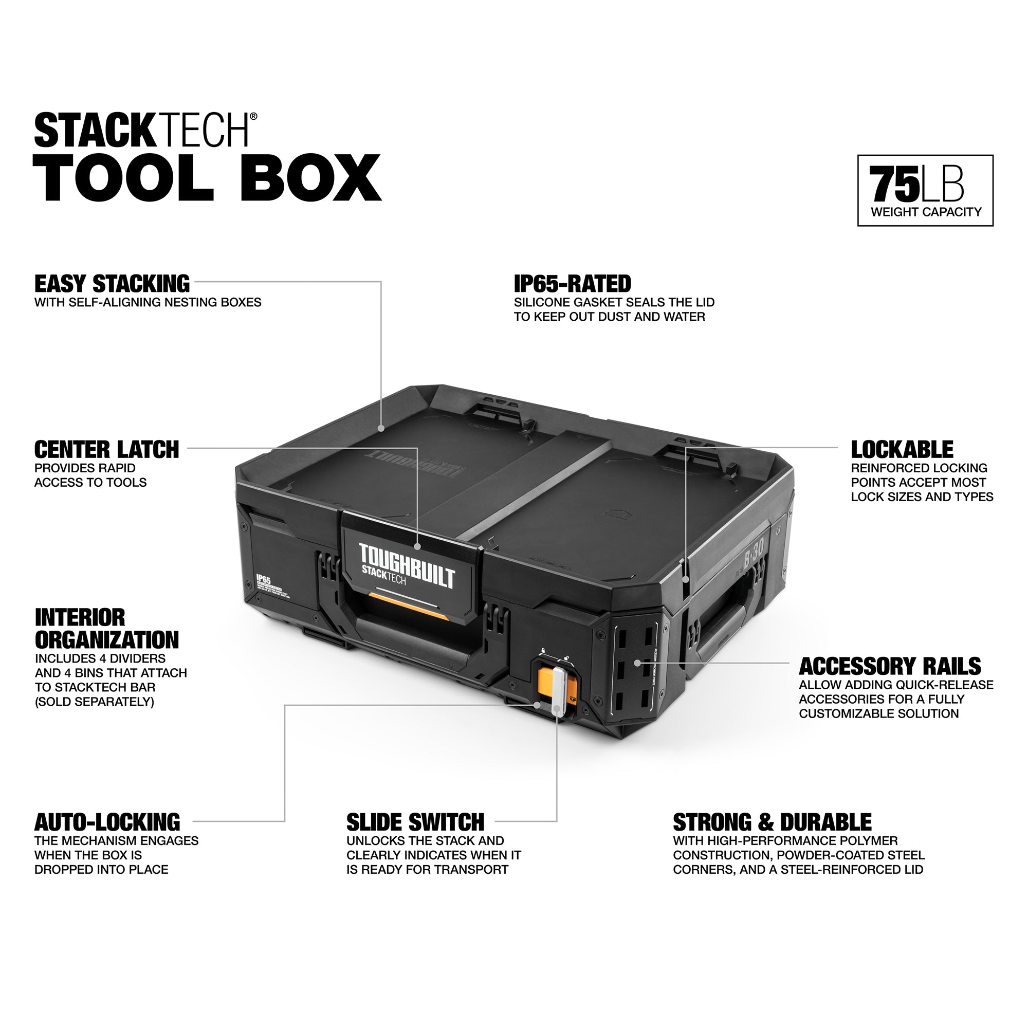 ToughBuilt StackTech Lockable Tool Box, Durable Plastic Storage Organizer, Black - Smart-nests