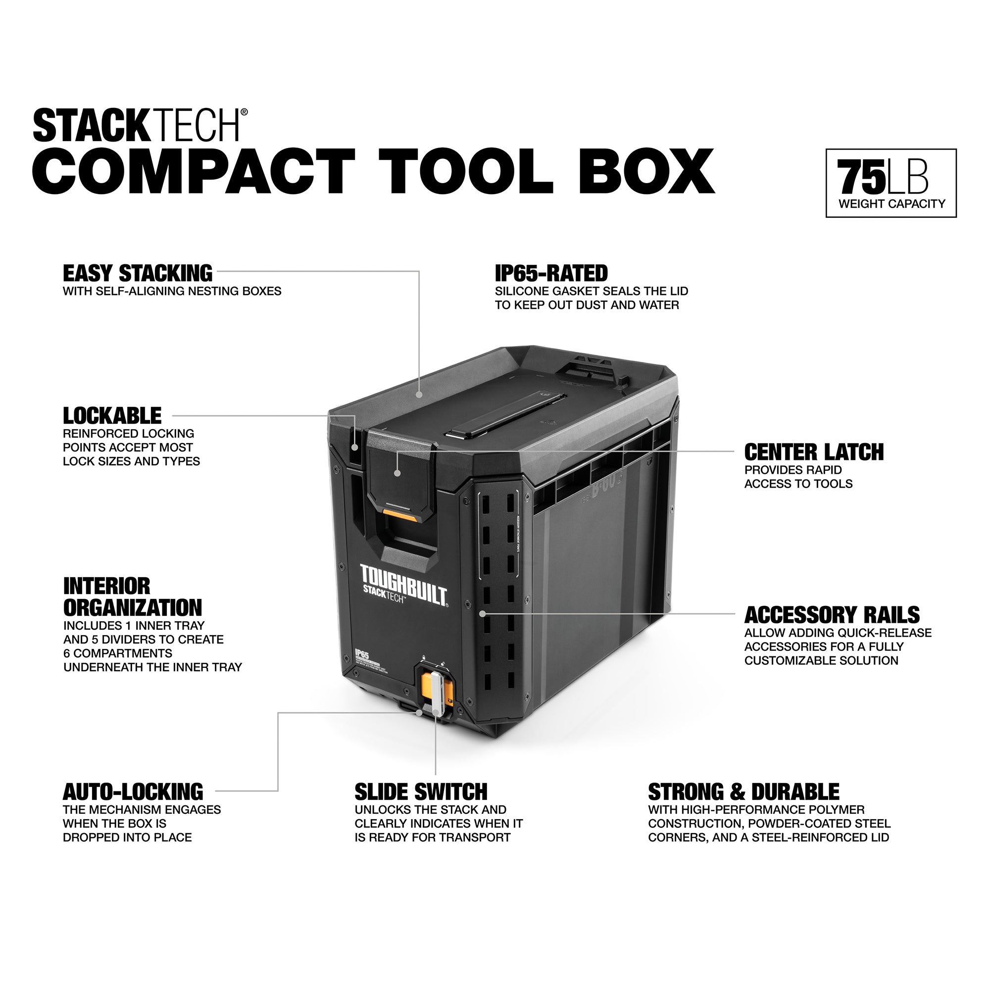 ToughBuilt StackTech Compact Tool Box Lockable Organizer with Removable Tray - Smart-nests