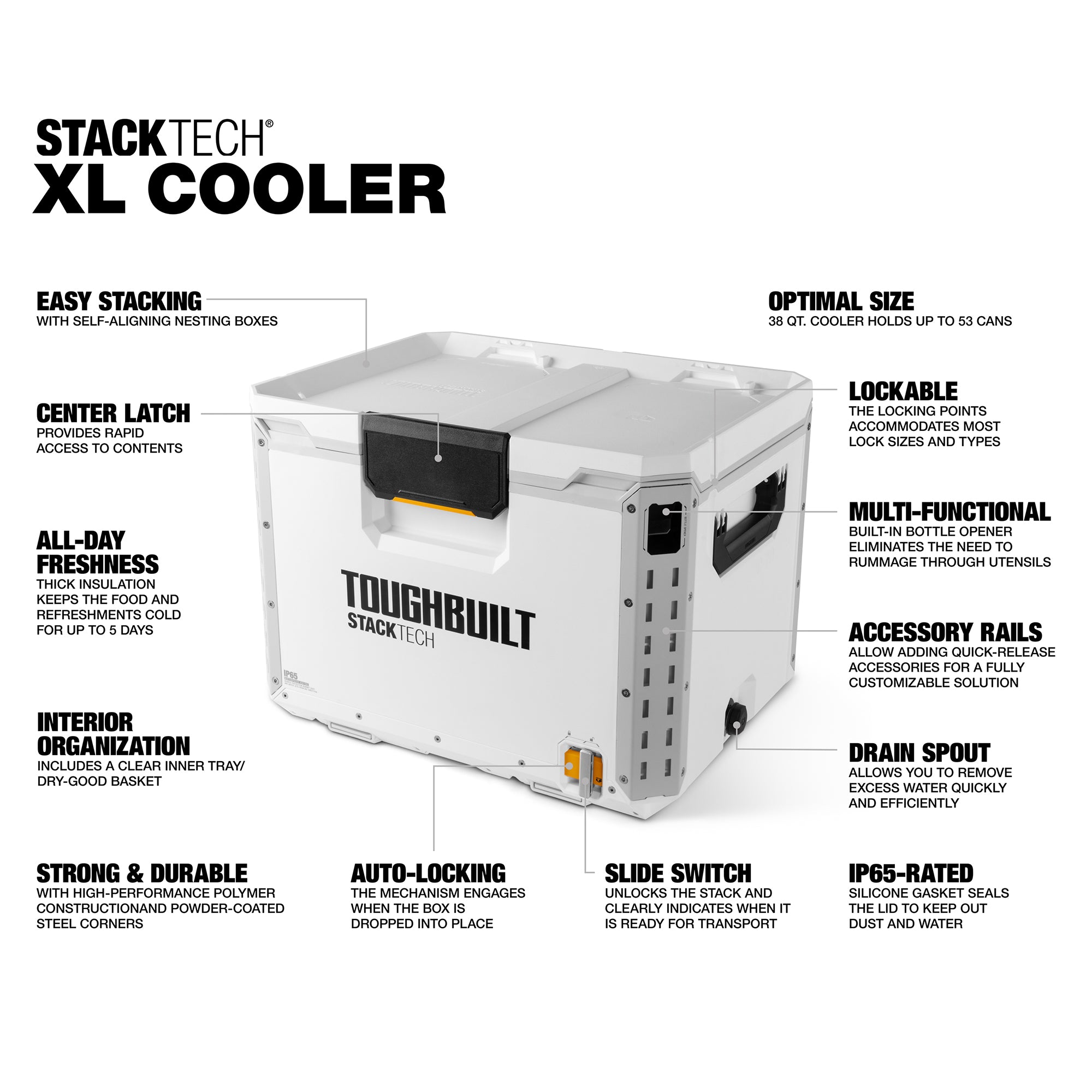 ToughBuilt StackTech XL Cooler, Stackable 38 Quart Hard Shell Ice Chest, White - Smart-nests