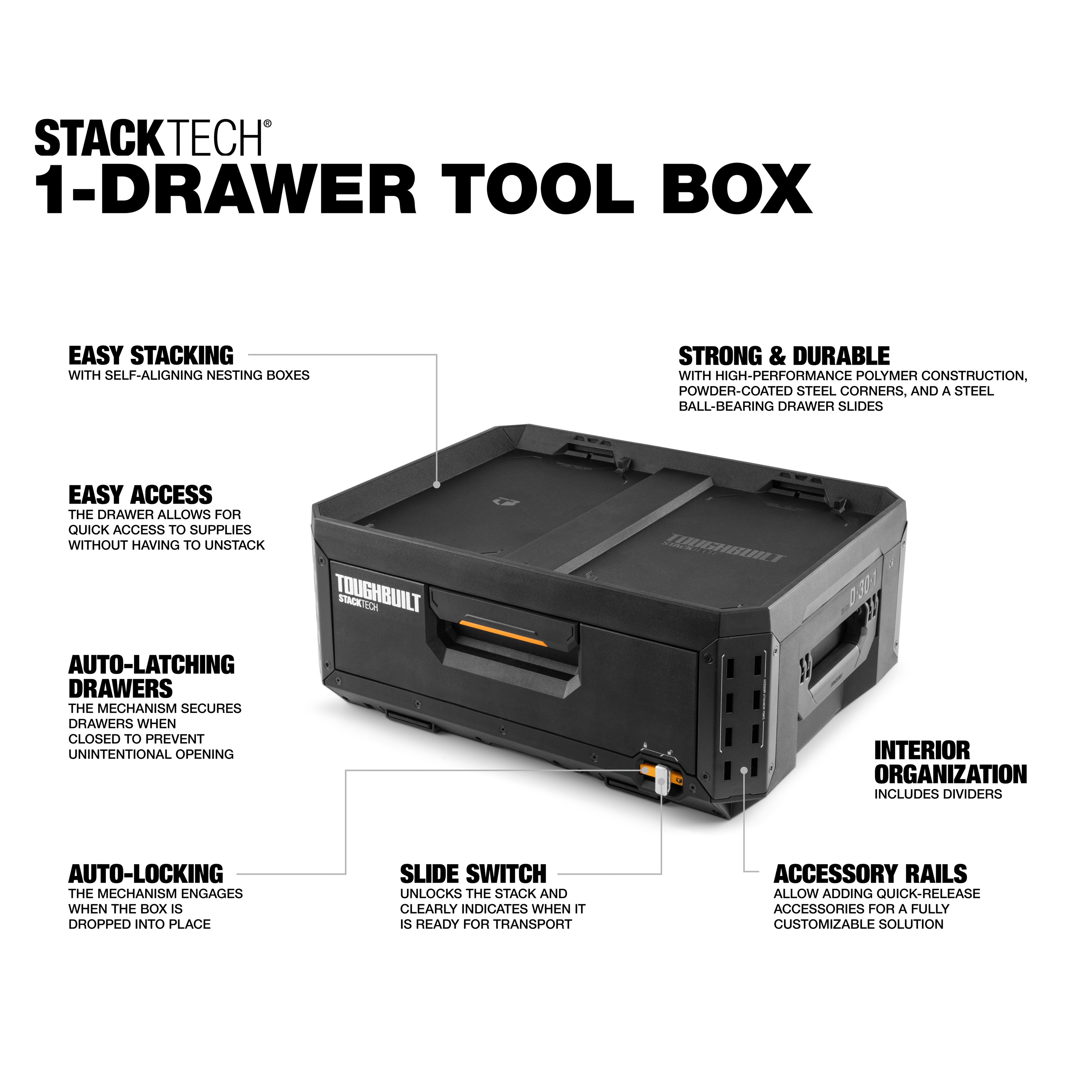 ToughBuilt StackTech 1-Drawer Tool Box, Durable Plastic Storage Organizer, Black - Smart-nests