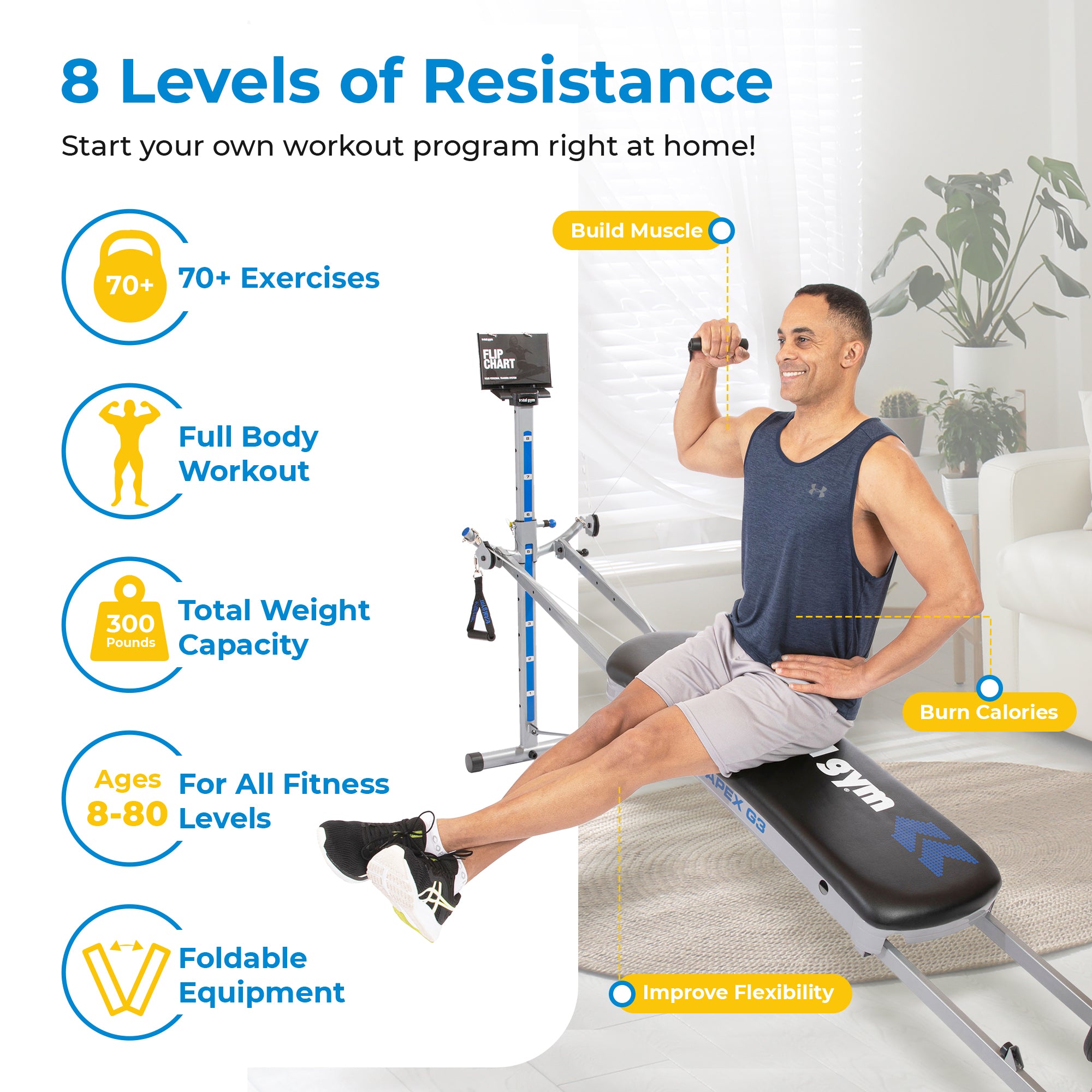 Total Gym APEX G3 Home Fitness Incline Weight Trainer with 8 Resistance Levels - Smart-nests