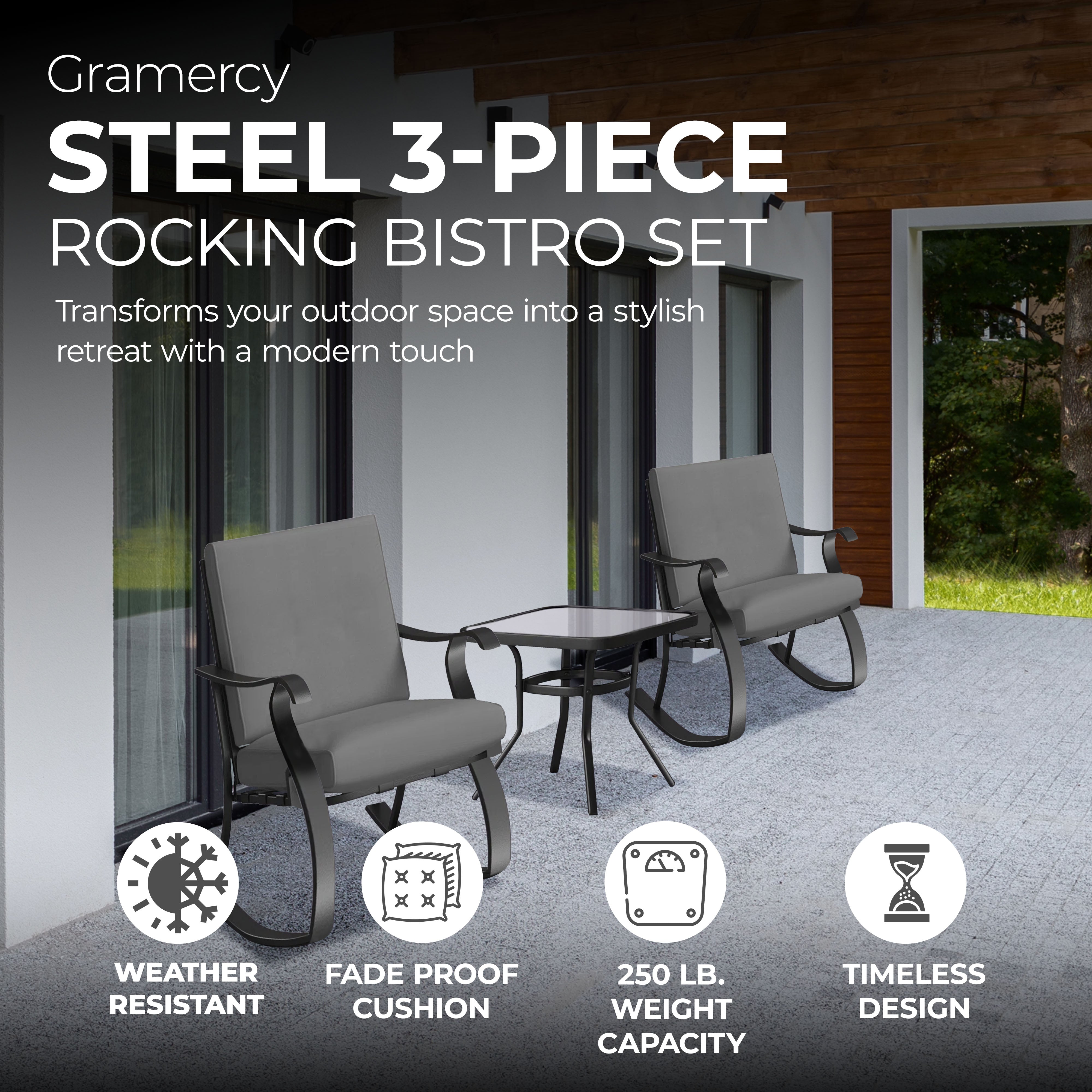 Four Seasons Courtyard Gramercy Sturdy Steel 3 Piece Rocking Bistro Set, Gray - Smart-nests