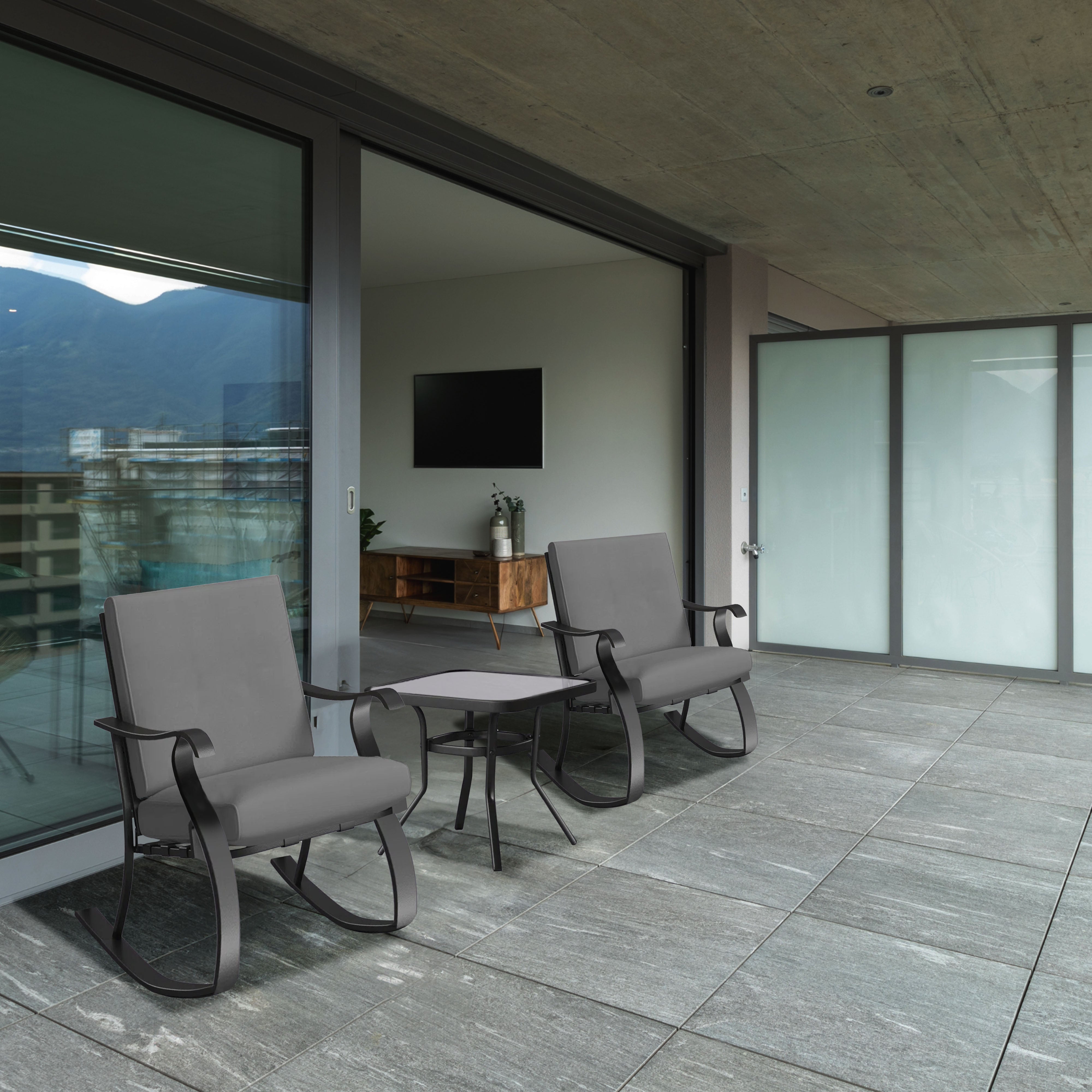 Four Seasons Courtyard Gramercy Sturdy Steel 3 Piece Rocking Bistro Set, Gray - Smart-nests