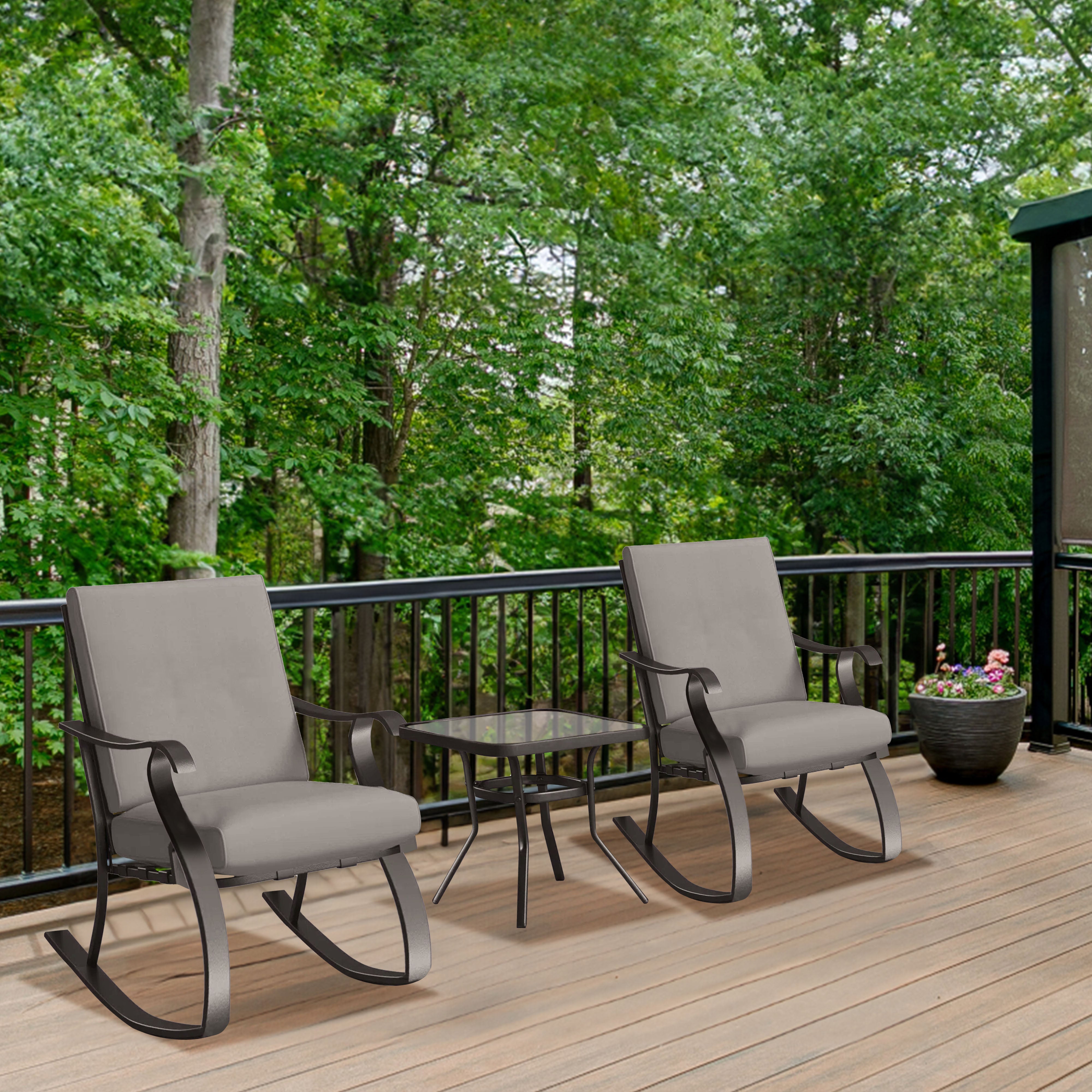 Four Seasons Courtyard Gramercy Sturdy Steel 3 Piece Rocking Bistro Set, Gray - Smart-nests