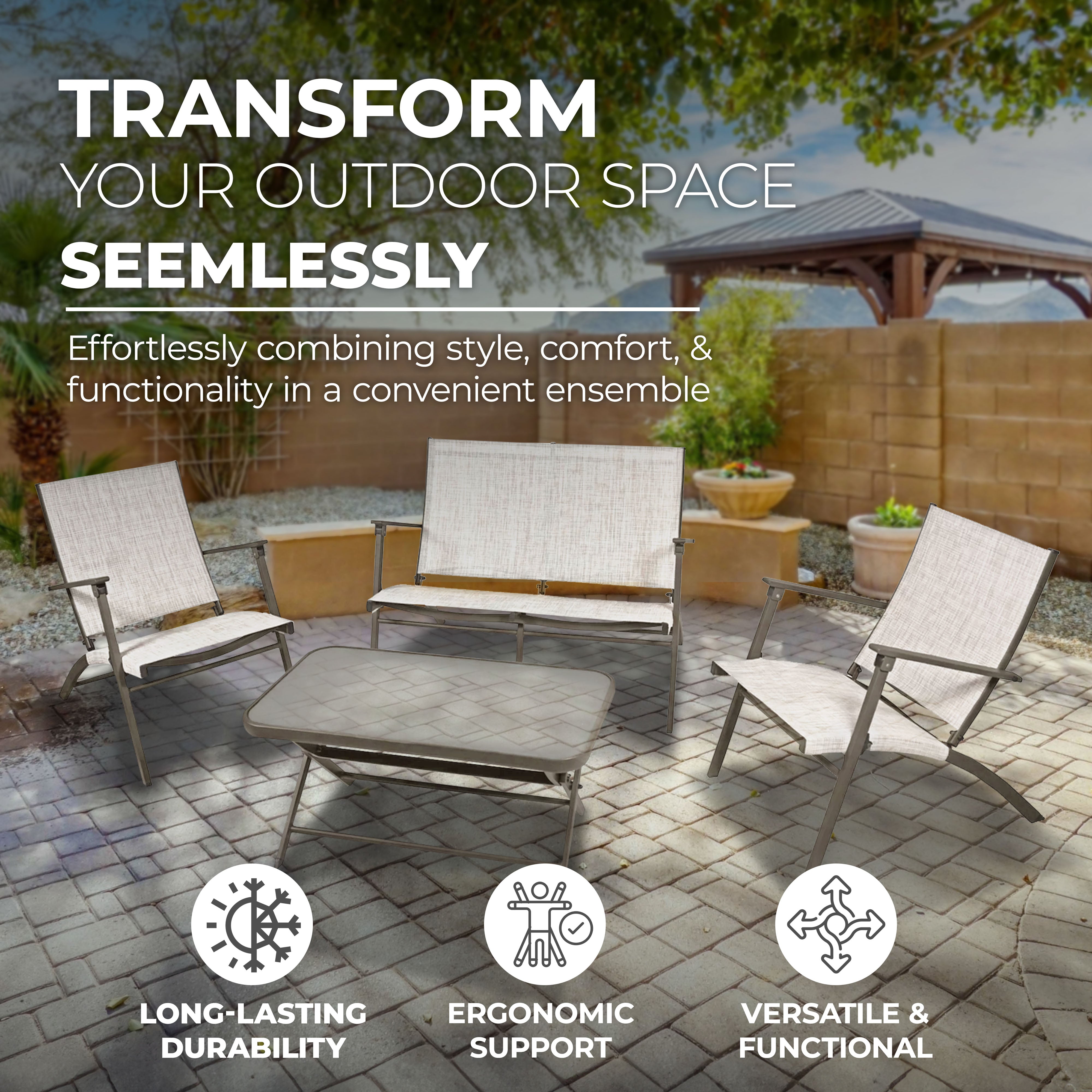 Four Seasons Courtyard Novara 4 Piece Steel Folding Outdoor Conversation Set - Smart-nests