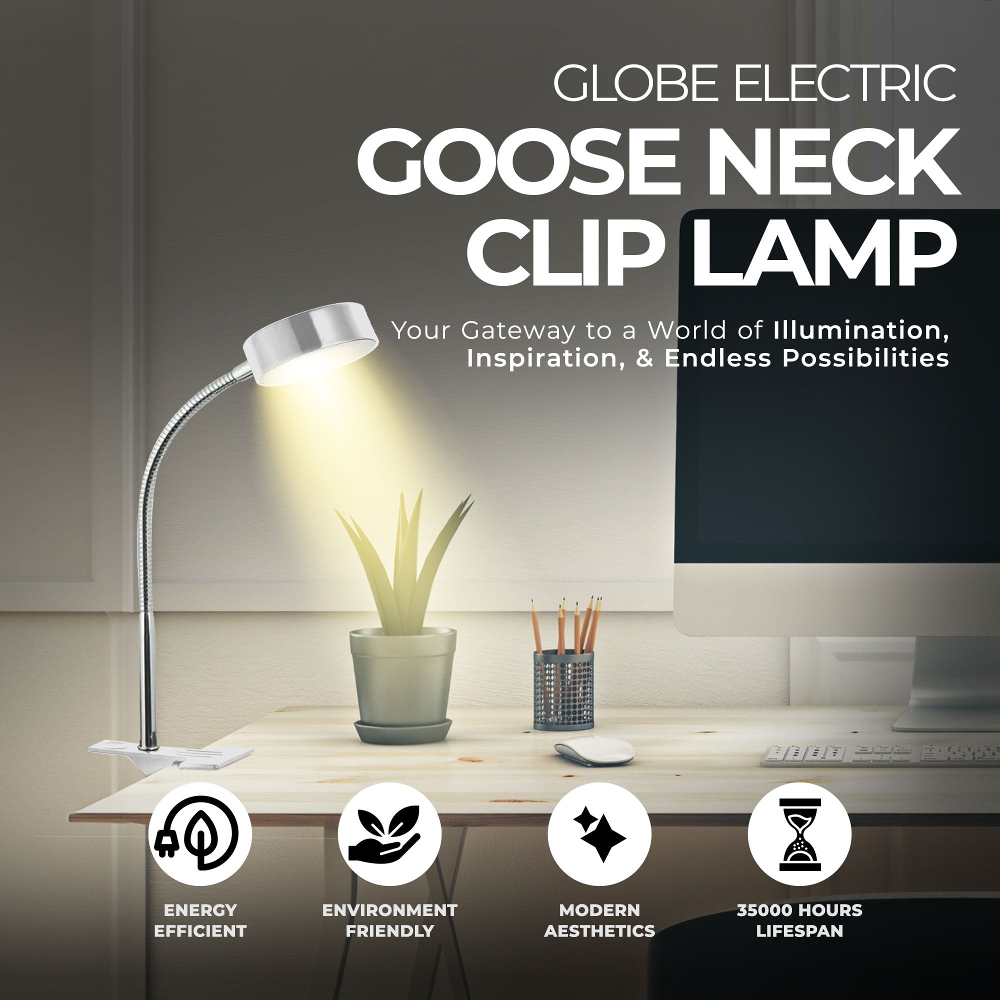 Globe Electric 8.46" 5W 250 Lumens LED Integrated Goose Neck Clip Lamp, White - Smart-nests