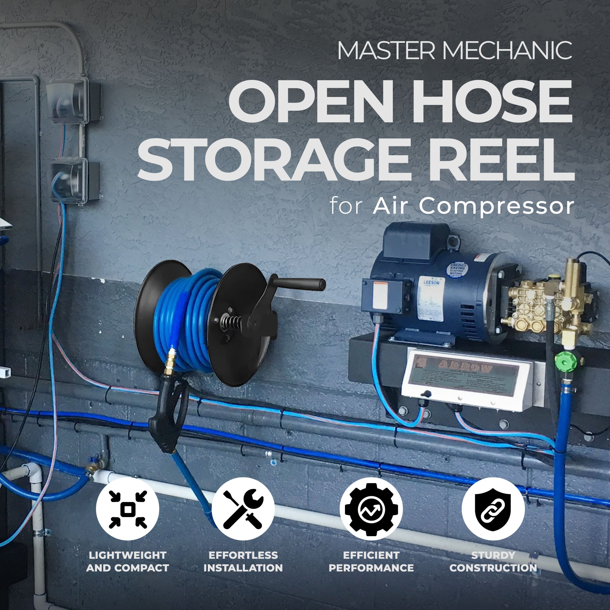 Master Mechanic 3/8" x 100' Steel Open Air Compressor Hose Storage Reel, Black - Smart-nests