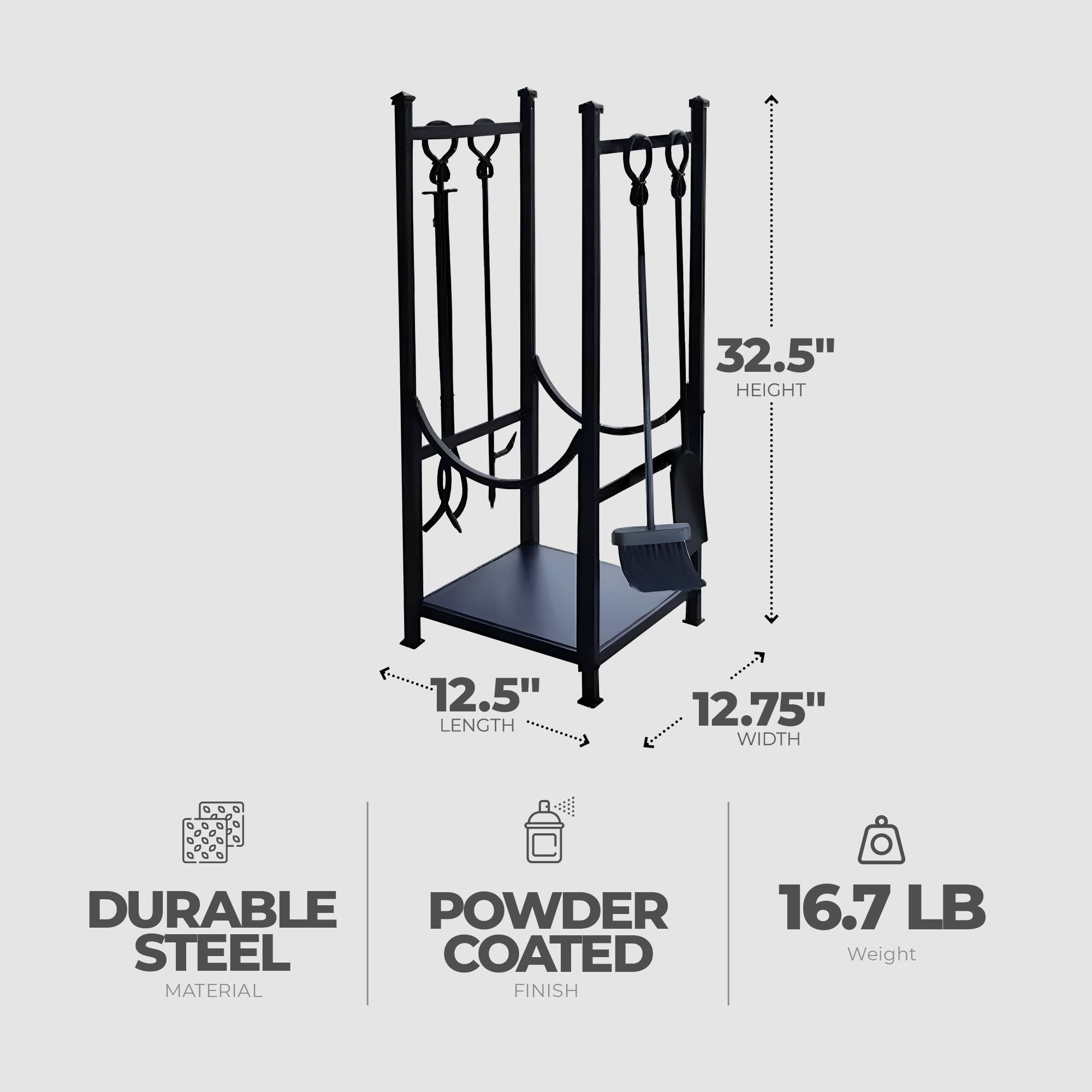 Panacea Firewood Rack with Fireplace Brush, Tong, Shovel, Poker, & Shelf, Black - Smart-nests
