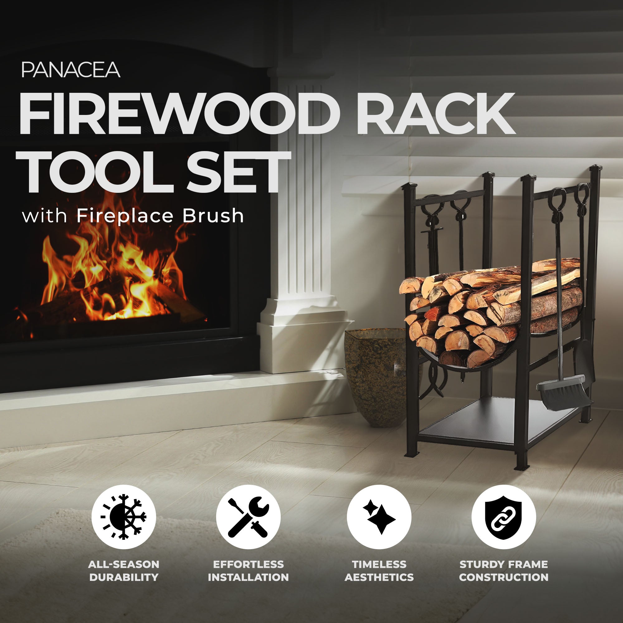 Panacea Firewood Rack with Fireplace Brush, Tong, Shovel, Poker, & Shelf, Black - Smart-nests
