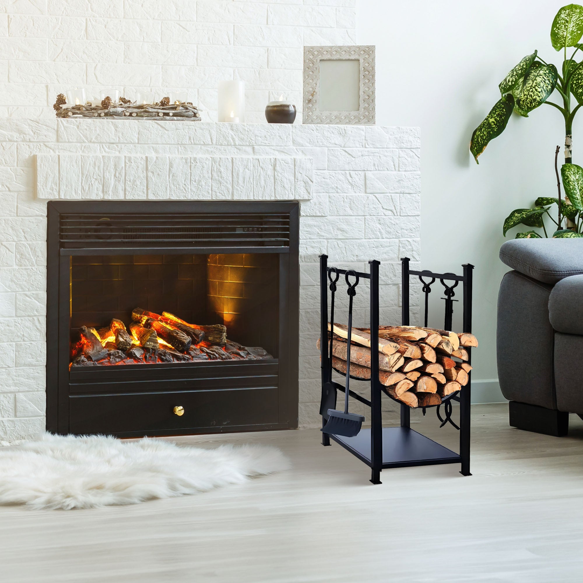 Panacea Firewood Rack with Fireplace Brush, Tong, Shovel, Poker, & Shelf, Black - Smart-nests