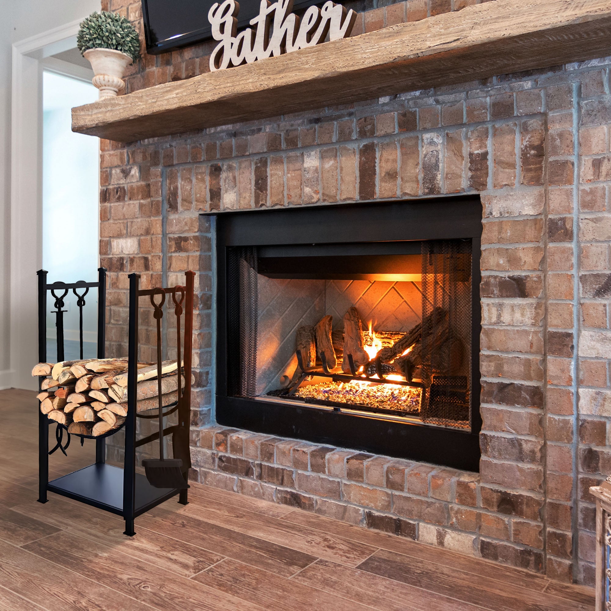 Panacea Firewood Rack with Fireplace Brush, Tong, Shovel, Poker, & Shelf, Black - Smart-nests