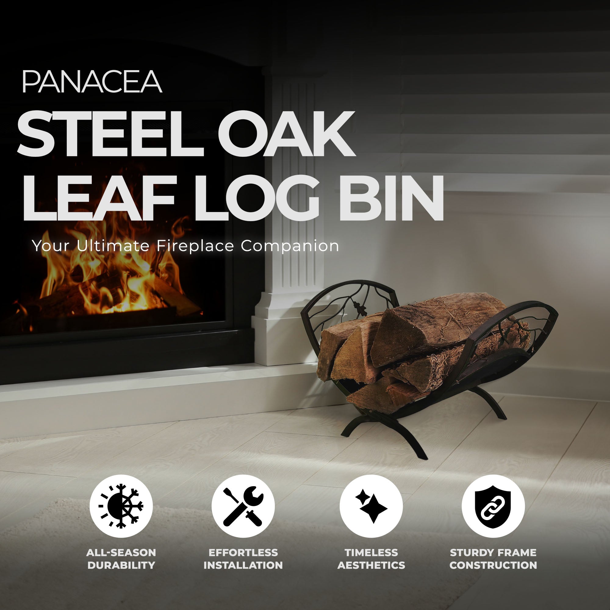 Panacea Compact Foldable Powder-coated Steel Oak Leaf Log Bin with Pan, Brown - Smart-nests