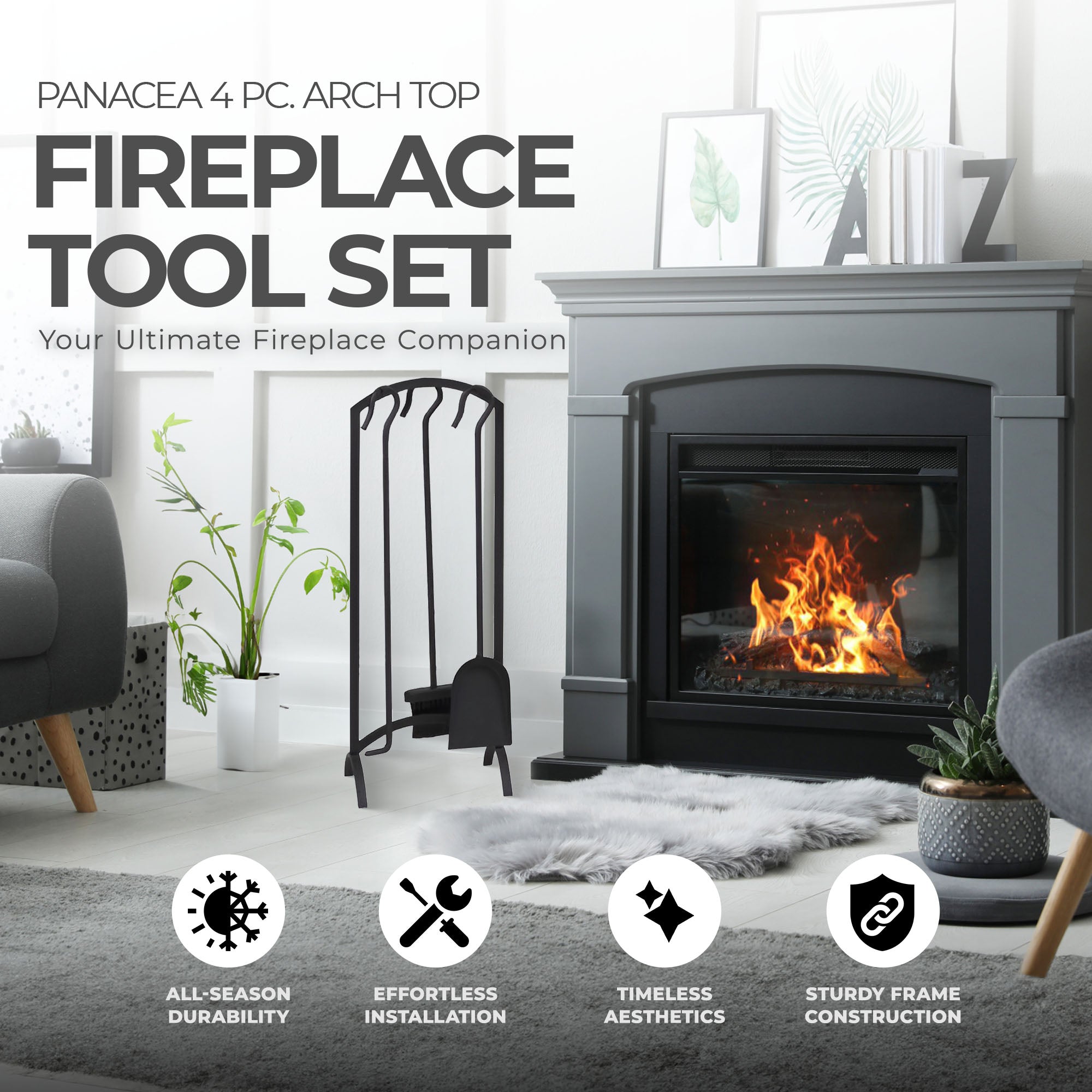 Panacea 4 Piece Arch Top Fireplace Tool Set with Brush, Shovel, Poker and Stand - Smart-nests
