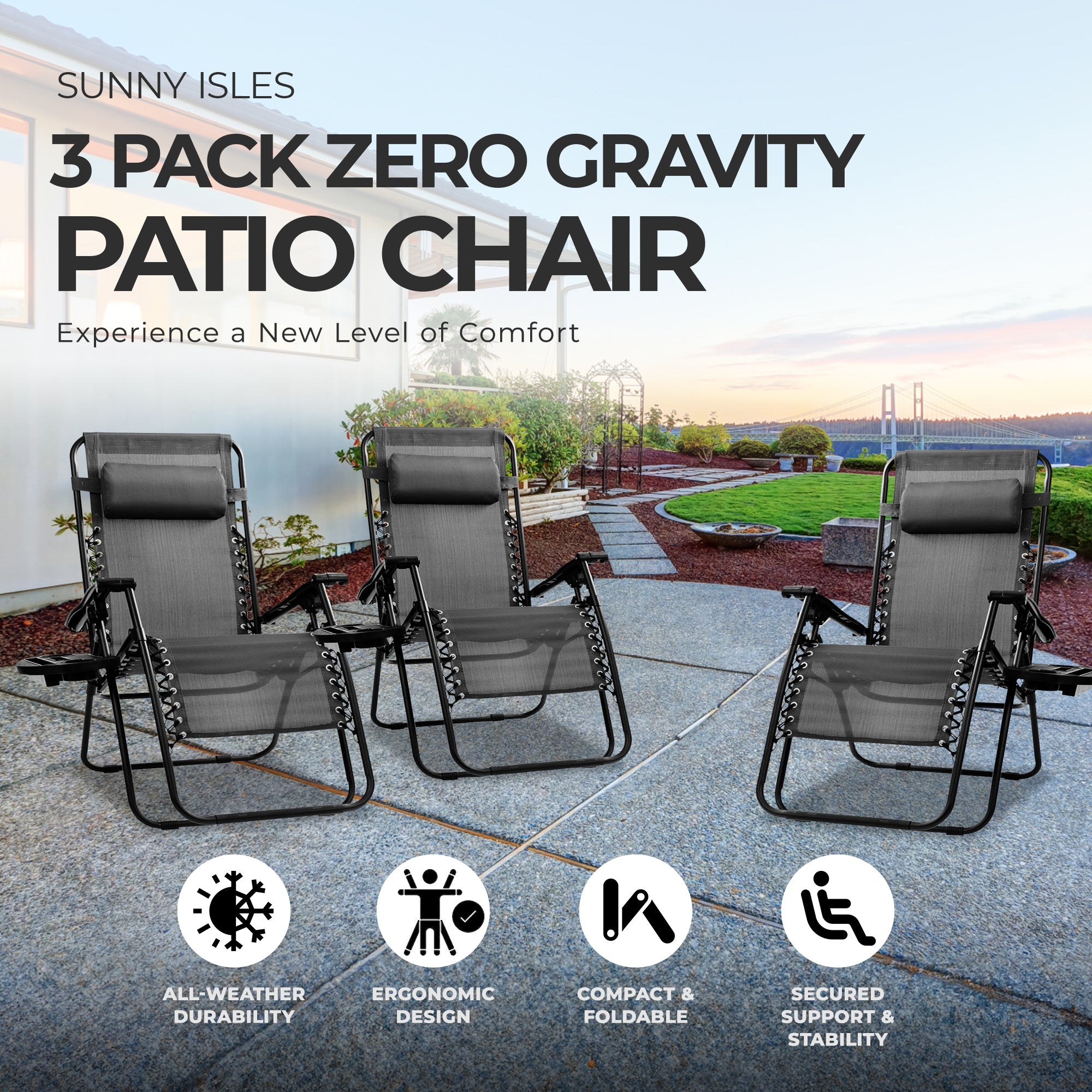 Four Seasons Courtyard Sunny Isles XL Steel Zero Gravity Chair, Black (3 Pack) - Smart-nests