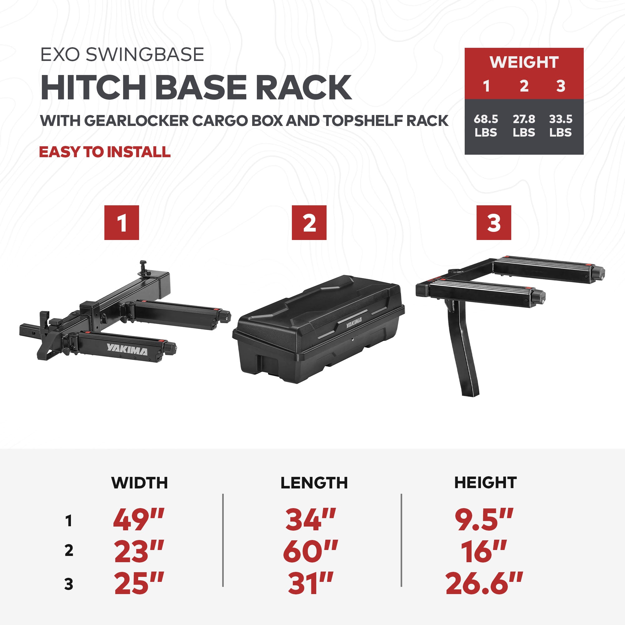 Yakima EXO SwingBase Hitch Base Rack with GearLocker Cargo Box and TopShelf Rack - Smart-nests