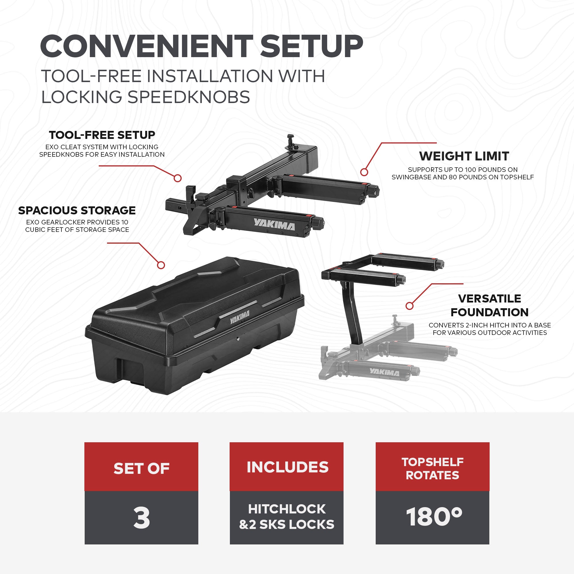 Yakima EXO SwingBase Hitch Base Rack with GearLocker Cargo Box and TopShelf Rack - Smart-nests